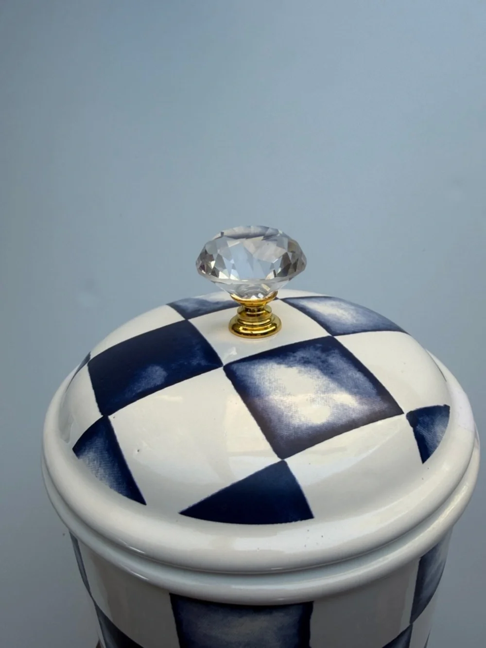 Blue & White Checkered Ceramic Canister with Clear Knob on Lid